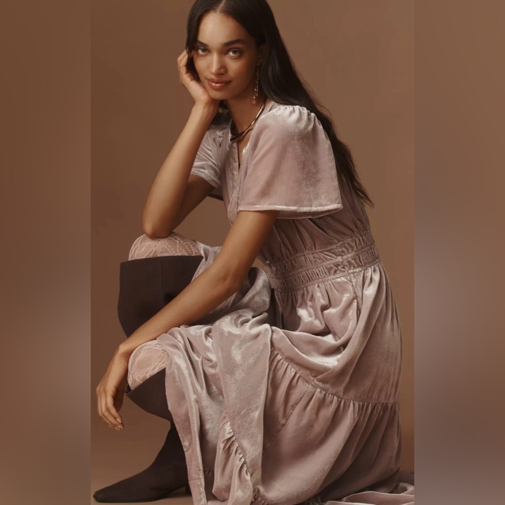 🌺 Anthropologie The Somerset Maxi Dress Velvet Edition in Lavender, blush, large - Picture 3 of 10